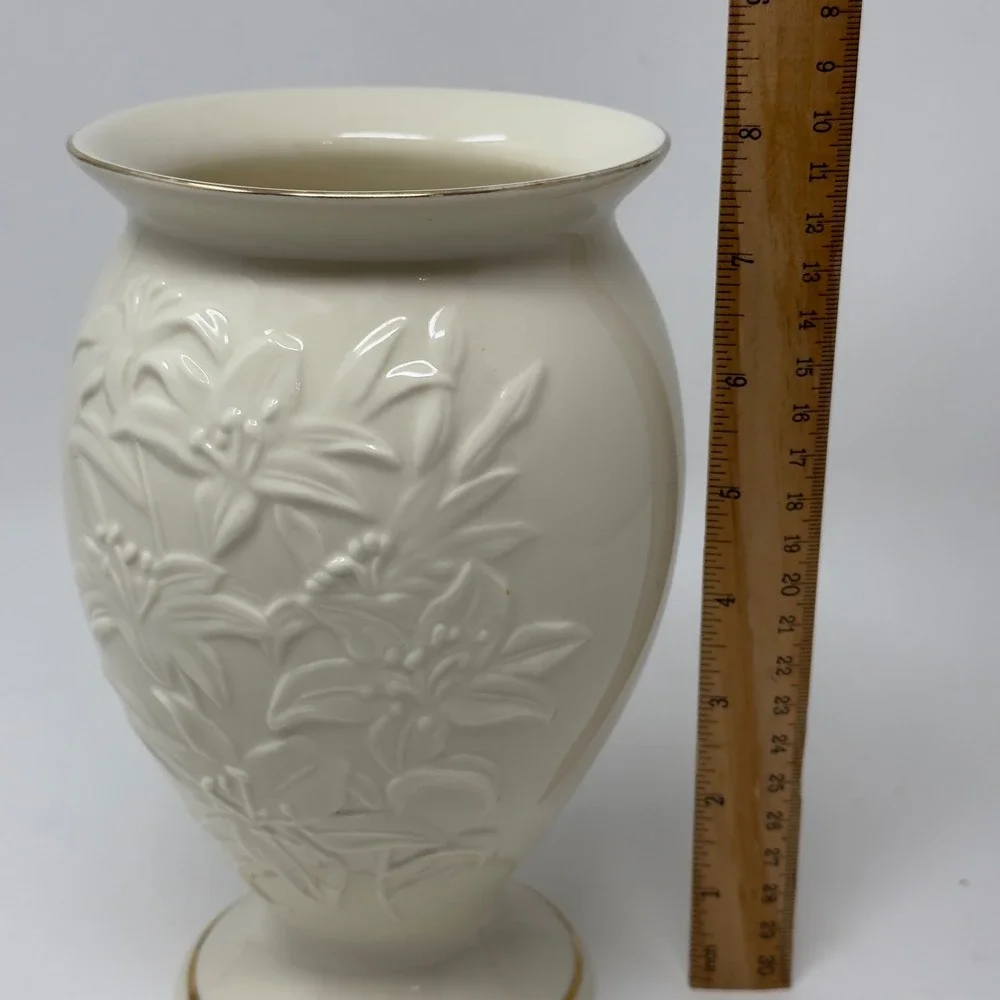 Vintage Lenox Ivory Porcelain Lily Vase Embossed Floral Gold Trim